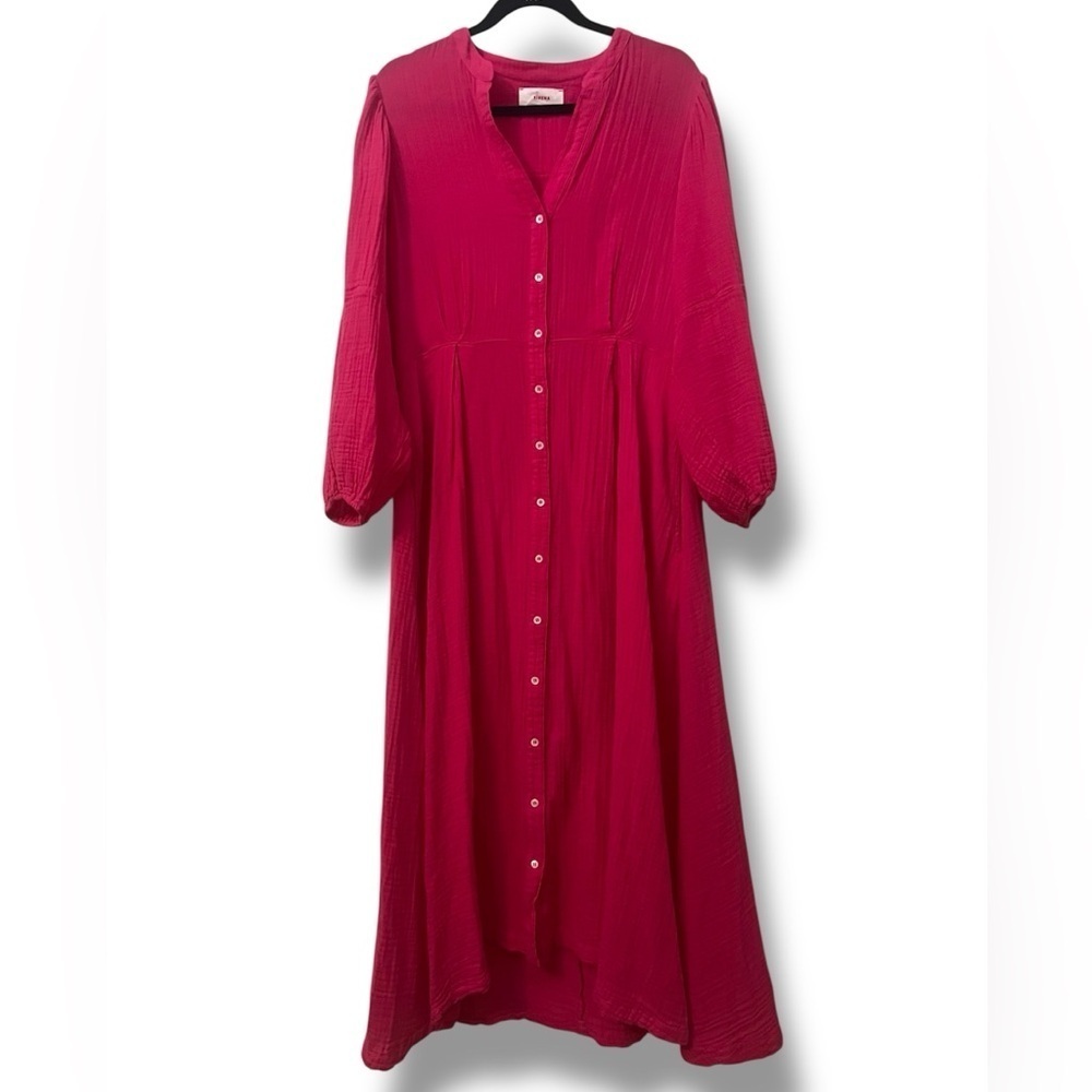 XIRENA Cranberry Pink Gauze Cotton Button Front Midi Dress